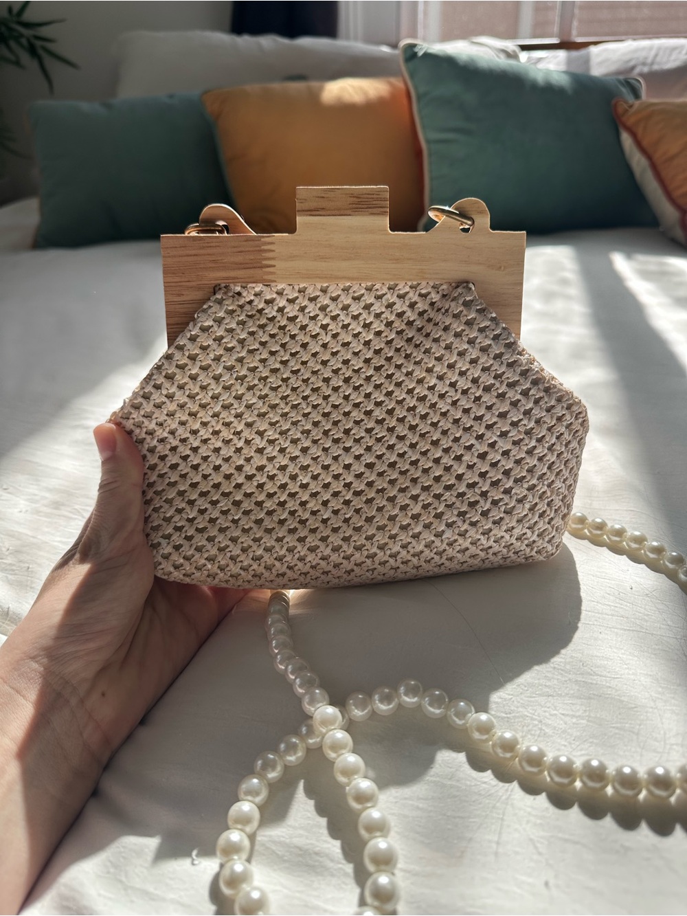 Woven Pearl-Handle Crossbody Bag in Natural Cream
